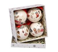 Ciao Set of 4 decoupage Christmas Tree Balls (Ø7,5cm) Happy Holidays with Fabric Ribbon in giftbox