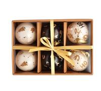 Ciao Set of 6 decoupage Christmas Tree Balls (Ø7,5cm) Ho Ho Ho with Fabric Ribbon in Havana giftbox Paper, White, Black, Gold, 7,5 cm, 6