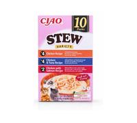 INABA Ciao Stew Gatos - Receta Saludable de Estofado Cremoso con Pollo, Atún y Salmón - Comida Húmeda con Tiras de Pollo - Alimento Natural sin Cereales - 400g (10 Sobres x 40g)