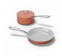 Ciarra Beyond Juego de 2 sartenes de 26 cm + cazo con mango de 20 cm con tapa, Juego de Sartenes, olla a fuego lento de cerámica, antiadherente, sin PFAS, sartén de cerámica Naranja