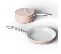 Ciarra Beyond Juego de 2 sartenes de 26 cm + cazo con mango de 20 cm con tapa, Juego de Sartenes, olla a fuego lento de cerámica, antiadherente, sin PFAS, sartén de cerámica Rosa