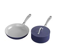 CIARRA Beyond - Juego de 2 sartenes de 26 cm y cacerola con tapa de 20 cm y 2,8 L para inducción, olla a fuego lento de cerámica con asa, antiadherente, sin PFAS, sartén de cerámica, color azul