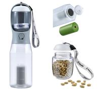 Cibaabo Botella de agua para perros con contenedor de alimentos y soporte para bolsa de excrementos, cuenco de agua de viaje, dispensador portátil de mascotas, accesorios para perros, artículos