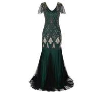 Cicano Vestido de Mujer Flapper con Lentejuelas y Cuentas Largo con Flecos de los Años 1920 Vestido Art Deco Vintage Gatsby, Oro Verde, 3XL