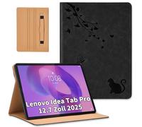 Cicili Funda para tablet Lenovo Idea Tab Pro de 12.7 pulgadas 2025, funda con tapa de piel sintética exclusiva de mariposa con soporte de gato con correa de mano TB-373FU TB-375FC, color negro