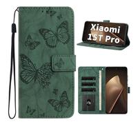 Cicili Funda para Xiaomi Mi 15T Pro 5G con 3 ranuras para tarjetas, cierre magnético, función atril, a prueba de golpes, diseño de mariposa, compatible con Xiaomi 15T Pro, color verde