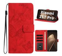 Cicili Funda para Xiaomi Mi 15T Pro 5G con 3 ranuras para tarjetas, cierre magnético, función atril, a prueba de golpes, diseño de mariposa, compatible con Xiaomi 15T Pro, color rojo