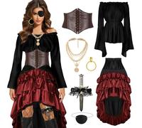 CICOCI Disfraz de pirata para mujer, corsé renacentista, falda steampunk, accesorios de pirata, disfraz completo de Halloween, Negro -, S