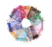 CiCy 100 bolsas de organza con diseño de estrella de luna y caramelos de 4 x 6 pulgadas con cordón de malla de colores mixtos, bolsas de regalo para bodas, fiestas, baby shower