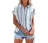 Cicy Bell Blusa de manga corta para mujer, diseño de rayas, cuello en V, camisa a rayas para verano, informal, con botones, Lila gris., S