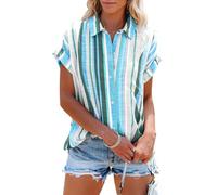 Cicy Bell Blusa Mujer Manga Corta Rayas Tops Cuello en V Camisas a Rayas Tops Verano Casual Abotonada Camiseta, azul, L