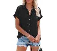 Cicy Bell Blusa para mujer de manga corta a rayas, con escote en V, camisas a rayas, tops de verano, casual, con botones, camiseta de manga corta, Negro , L