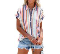Cicy Bell Blusa para mujer de manga corta a rayas, con escote en V, camisas a rayas, tops de verano, casual, con botones, camiseta de manga corta, naranja, M