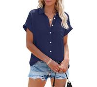 Cicy Bell Blusa para mujer de manga corta a rayas, con escote en V, camisas a rayas, tops de verano, casual, con botones, camiseta de manga corta, azul oscuro, L