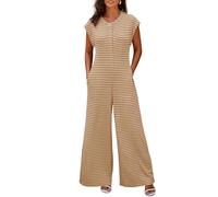 Cicy Bell Mono de manga corta para mujer a rayas con cuello redondo y botones, beige, M