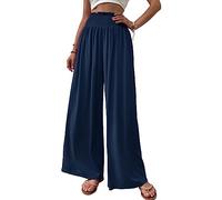 Cicy Bell Mujer Pantalones recto Holgado Elástico Ancho Pierna Pantalones Cintura Palazzo Pantalones Con Bolsillos, azul oscuro, S