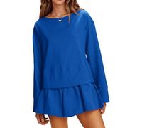 Cicy Bell Vestido de manga larga para mujer, estilo casual, holgado, cuello barco, pantalones cortos, trajes de otoño, Azul, XL