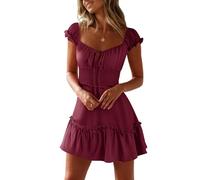 Cicy Bell Vestido de verano para mujer, con volantes y cuello de corazón, estilo bohemio, liso, para el tiempo libre, Rojo vivo., XXL