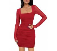 Cicy Bell Vestidos Bodycon para Mujer Vestidos Sexy de Malla Manga Larga Minivestido Cuello Cuadrado Vestido de Fiesta Vestido de Club Vestido de Cóctel Slim Fit Vestido Lápiz, borgoña, S