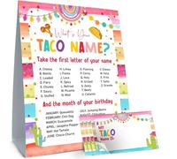 Cidobi What is Your Taco Name Game, juego de fiesta de cumpleaños de taco, 1 letrero de doble cara, 30 calcomanías de nombre, juegos para mujeres y hombres, decoración de actividades de fiesta 02