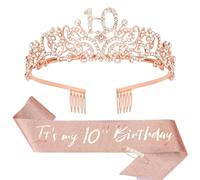 CIEHER Juego de corona de cumpleaños número 10 y banda de cumpleaños + pin de perlas, decoraciones de 10 cumpleaños para niñas de 10 años, regalos de cumpleaños It's My 10th Birthday Sash Happy 10th
