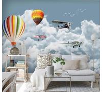 Cielo Azul Nubes Blancas Globo Aerostático Avión Pájaros En Vuelo 3D Papel Pintado Pared Fácil Instalación Oficina Sala Estar Sofá Dormitorio TV Fondos Decoración-350cm×256cm