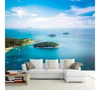 Cielo Azul Nubes Blancas Océano Isla Paisaje Marino 3D Papel Pintado Pared Fácil Instalación Oficina Sala Estar Sofá Dormitorio TV Fondos Decoración-350cm×256cm