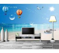Cielo Azul Océano Globo Aerostático Playa 3D Papel Pintado Pared Fácil Instalación Oficina Sala Estar Sofá Dormitorio TV Fondos Decoración-350cm×256cm