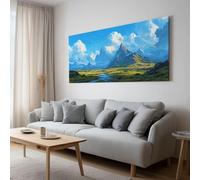 Cielo Azul Y Nubes Blancas Montañas Ríos Elegante cuadro de lienzo enmarcado Paisaje para decoración de cocina, comedor y pasillo, con kit de fijación requiere montaje autoinstalable 120 x 80 cm