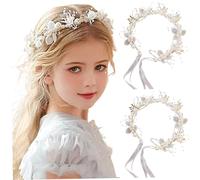 Cielo de la niña de la flor de 2pcs, diadema de perla de metal de 15.8 pulgadas con cinta, accesorio para el cabello de niña de flores para cumpleaños, fiesta, primera comunión, boda, accesorio para