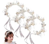 Cielo de niña de flores, 3pcs de niña de flores corona para niños perlas de plástico blancos y tadro con cinta para el accesorio de accesorios para la fiesta de bodas regalo de cumpleaños