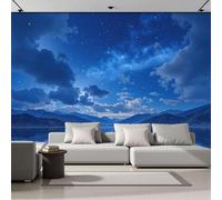 Cielo Nocturno Papel Tapiz Fotográfico, Papel Pintado Pared Dormitori 350Anx256Al cm, Fotográfico Decorativo Pared Paisaje De La Superficie Del Lago 3D, Mural Tela de Seda Azul, Antiestático
