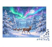 Ciervo Ártico Puzzle de 1000 Piezas Papel para Adultos Noche Invernal Aurora Juego de Puzzle 1000 Piezas Relajación Hogar Regalo 52x38cm/1000pcs
