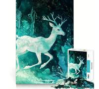 Ciervo Blanco en Bosque Verde Azulado Rompecabezas de 1000 Piezas para Adultos Juego de Memoria Cerebral Encaje Huecos Actividad Relajante para la Mente (38x26cm)