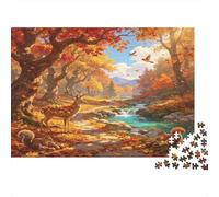 Ciervo Bosque de Otoño Puzzle de 1000 Piezas Papel Adultos Paisaje de Arroyo Puzzle para Adultos Relajación Ocio Familiar Enfoque Decoración Hogar Regalo 52x38cm/1000pcs