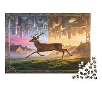 Ciervo del Bosque Puzzle de 1000 Piezas Papel Puzzle para Adultos Reflejo de Ciudad al Atardecer Relajación Hogar Regalo 52x38cm/1000pcs