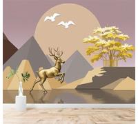 Ciervo Dorado Junto Al Lago Montañas Pájaros En Vuelo Luz Del Sol Árboles Amarillos 3D Papel Pintado Tapiz Textura de Seda Oficina Comedor Sofá Dormitorio Sala Estar TV Fondo Pantalla-350cm×256cm