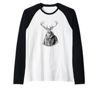 Ciervo en chaqueta, divertido dibujo de vida silvestre de caza gráfico Camiseta Manga Raglan