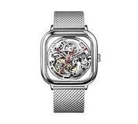 CIGA Design Reloj Automático para Hombre - C Series Relojes Mujer 40mm Mecánicos de Pulsera Tipo Esqueleto y Estilo Cuadrado, Correa de Milanesa y Cuero(Plateado)