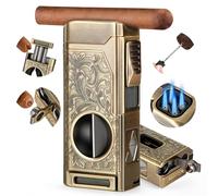 Cigar Lighter, 4 Jet Flame Torch Lighter, Butane Refillable with Cigar Cutter Punch Holder Draw Enhancer, Cigar Accessories for Smoking in Gift Box
