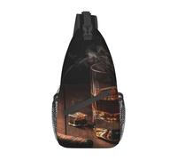 Cigar & Whiskey Sling Bag Bolsa ligera para el pecho, bolsa cruzada, bolsa de hombro, mochila deportiva para mujeres y hombres, negro, talla única, Como se muestra en la imagen, Talla única, Mochila