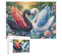 Cignes Negros con corazón de Gema Entre Flores Puzzle 500 Piezas para Familia Actividad Interior Cooperación Y Desafío Regalo para Vacaciones 500 PCS