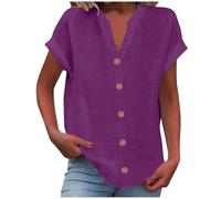 Cihdmfb Blusa de lino para mujer, tallas grandes, de algodón y lino, suelta, manga corta, de lino, elegante, monocolor, cuello en V, con botones, camiseta de lino, blusa, B Lila, XXL