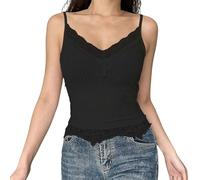 Cihdmfb Camiseta de tirantes para mujer, elegante, cuello en V, encaje, espagueti, sin mangas, acanalada, sexy, chaleco ligero, corte ajustado, tops, A-negro., L