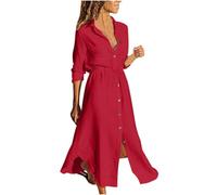 Cihdmfb Vestido camisero para mujer, tallas grandes, algodón, lino, informal, solapa, cuello en V, con botones, vestido de blusa, elegante, monocolor, manga larga, vestido de verano, vestido maxi de