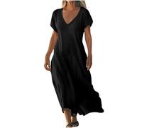 Cihdmfb Vestido de lino para mujer, vintage, monocolor, manga corta, algodón, lino, informal, cuello en V, camiseta, vestido de blusa, ligero y aireado, vestido largo para la playa, S-XXL, A negro