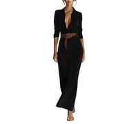 Cihdmfb Vestido largo para mujer, de manga larga, elegante, monocolor, informal, solapa con botones, cintura alta, línea A, túnica, vestido informal con cinturón, Negro , L