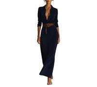 Cihdmfb Vestido largo para mujer, de manga larga, elegante, monocolor, informal, solapa con botones, cintura alta, línea A, túnica, vestido informal con cinturón, marine, XXL