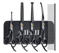 CIICII Tijeras Peluqueria Canina, 7 Pulgadas Tijeras para Perros de Acero Inoxidable con Punta Redonda de Seguridad (Tijeras para Adelgazar, Tijera Curvas y Rectas) para Peluquería Doméstica (Negro)