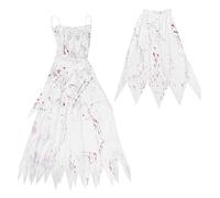 Ciieeo Disfraz de Novia Ensangrentada para Halloween Vestido Velo Blanco Roto Talla Mediana Ropa de Cosplay Horrible para Mujer Disfraz Terrorífico para Fiesta de Mascarada
